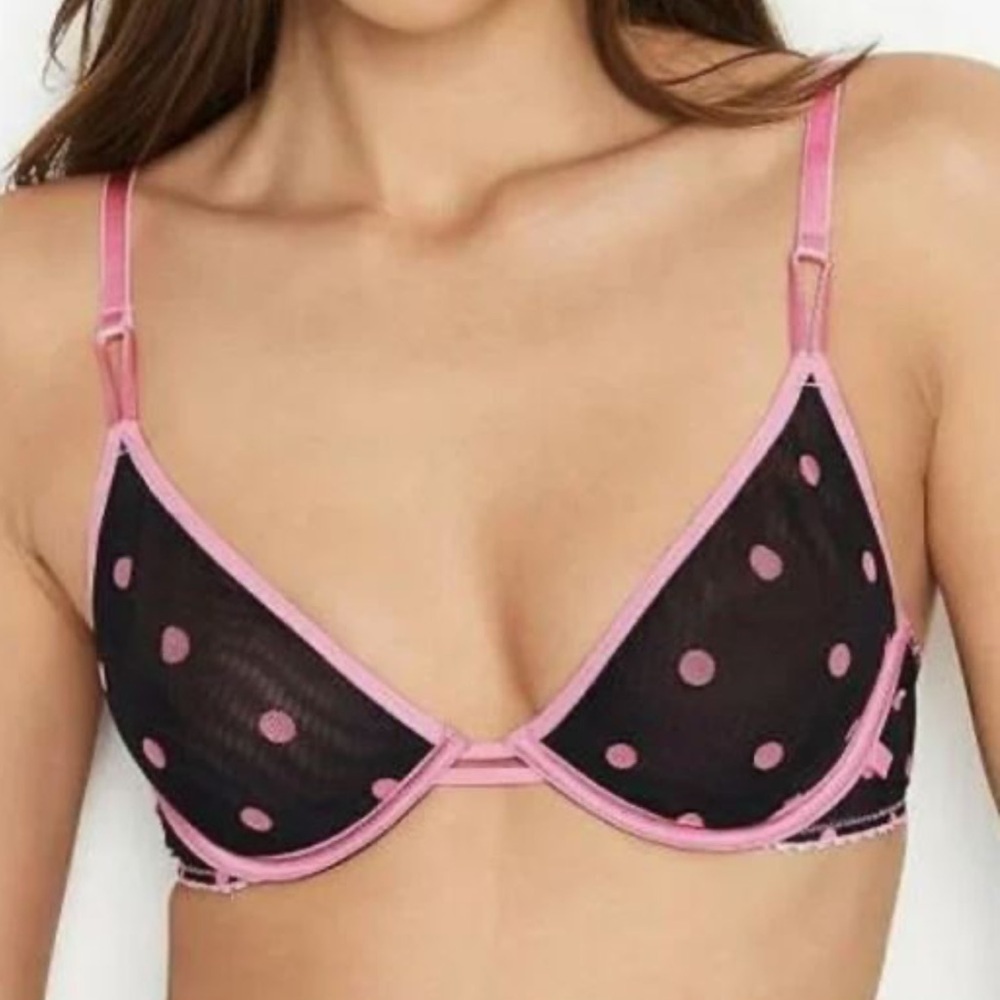 Victoria Secret Black Mesh Pink Polka Dot Underwire Unlined Demi Bra Sz 36DDD